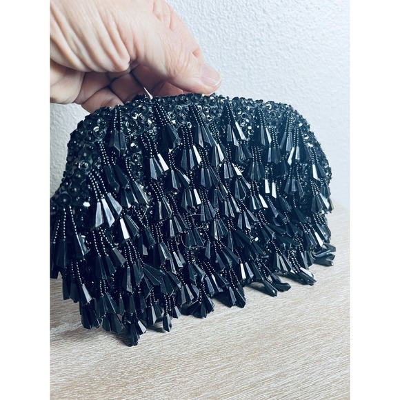 Vtg Black Beaded Sequin Evening Bag Purse Hong Kong Kiss Lock On Trend Classic - Picture 14 of 16
